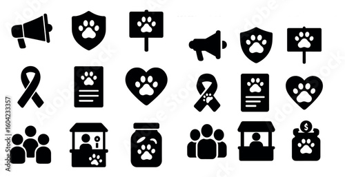 Animal advocacy solid icons set – pet rescue, filled, and support symbols