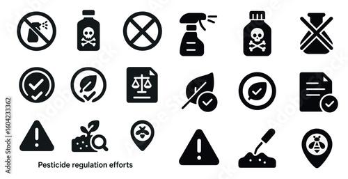 Pesticide regulation solid icons set – silhouette, safety, environmental symbols