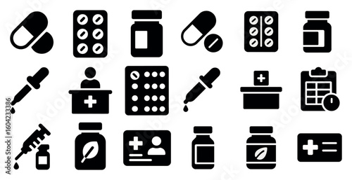 Healthcare and medicine solid icons set – filled, hospital and medical symbols