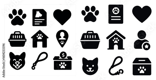 Pet care solid icons set – silhouette, filled, animal and veterinary symbols