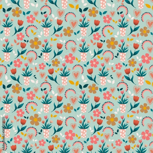 Spring floral pattern with potted plants and rainbows