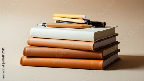 Aesthetic stack of leather-bound books with pens and pencils.
