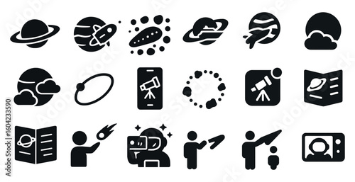 Space exploration icons set – solid, silhouette, astronomy and galaxy symbols