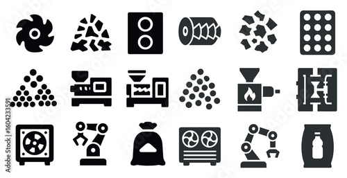 Recycling and manufacturing solid icons set – filled, waste, industry symbols