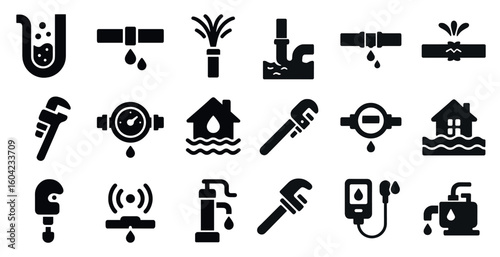Plumbing and water solid icons set – silhouette, filled, pipe and repair symbols