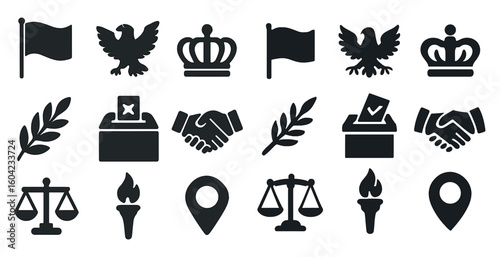 Voting and democracy solid icons set – silhouette, civic, and election symbols