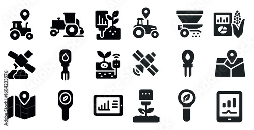 Agricultural solid icons set – farming, filled, crop management and harvest symbols