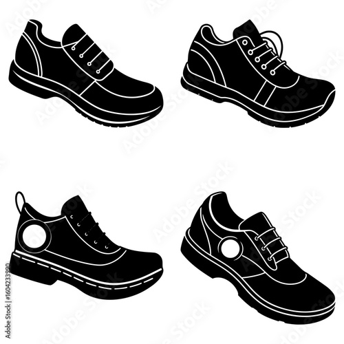 Four black silhouette shoes with laces and different styles arranged on a white background design vector