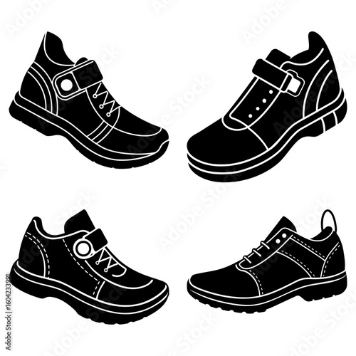 Four black and white shoes with different styles and fastenings are arranged in a square pattern