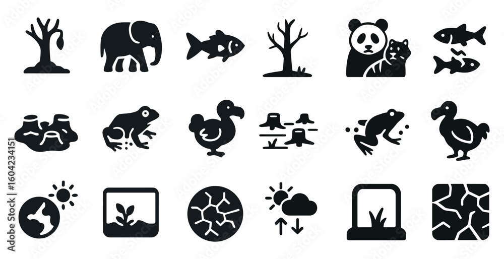Fototapeta premium Endangered species solid icons set – flat, filled, wildlife preservation symbols