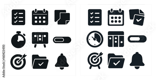 Office and productivity solid icons set – filled, task management, organization tools