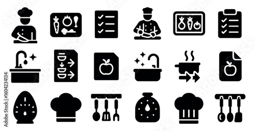 Cooking and kitchen solid icons set – culinary, chef, food preparation graphics