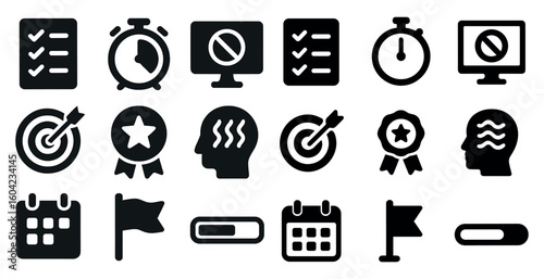 Productivity and task management solid icons set – filled, efficiency, achievement symbols
