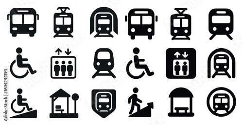 Public transport icons set – solid, filled, metro and commuter symbols
