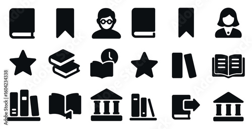 Library and books solid icons set – flat, filled, reading and study symbols