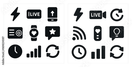 Live broadcast solid icons set – silhouette, communication, streaming symbols
