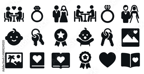 Wedding and relationship silhouette icons set – rings, love, celebration symbols