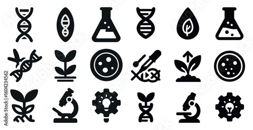 Biotechnology and science solid icons set – filled, lab, genetic research symbols