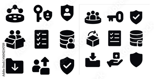 Security and access solid icons set – protection, shield, data management symbols
