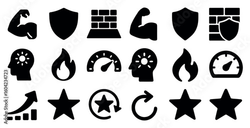 Security and fitness icons set – solid, silhouette, protection and exercise