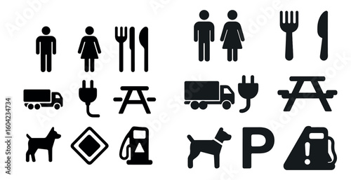 Public facilities silhouette icons set – solid, outline, amenity and utility symbols
