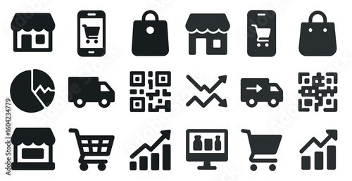 E-commerce and shopping solid icons set – filled, retail and online store graphics