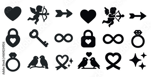 Valentine's day silhouette icons set – love, romance, heart and cupid symbols