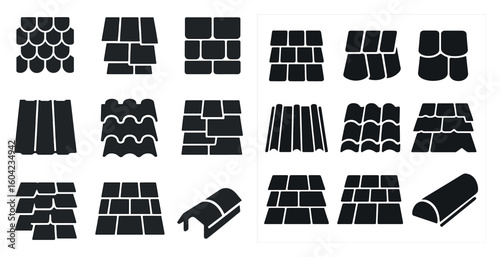 Roofing silhouette icons set – flat, filled, roof and construction symbols