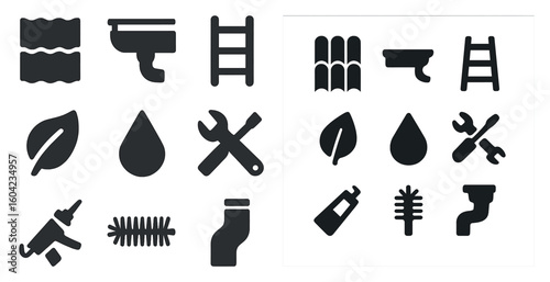 Plumbing solid icons set – repair, tools, maintenance symbols and utilities