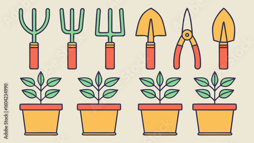 Garden Tools and Plants in Pots Vector Illustration