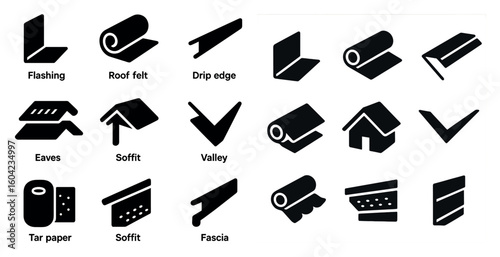 Roofing and construction icons set – solid, silhouette, building and repair graphics