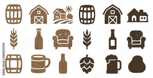 Farm and brewery solid icons set – filled, rustic, agriculture and harvest symbols