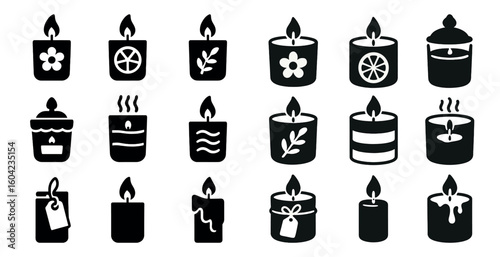 Candle silhouette icons set – solid, filled, flame and wax symbols