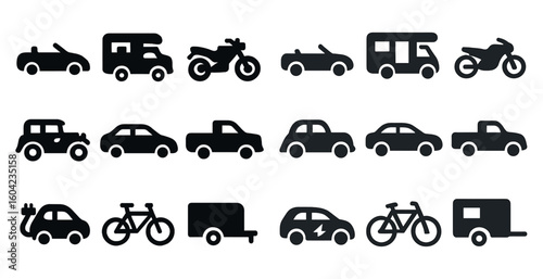 Vehicle and transport silhouette icons set – cars, bicycles, travel symbols