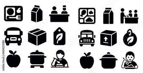 School lunch solid icons set – filled, canteen, nutrition and kid-friendly symbols