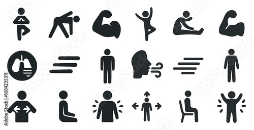 Yoga and fitness icons set – silhouette, solid, exercise and wellness symbols