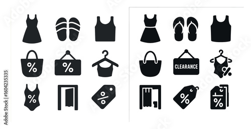 Summer shopping silhouette icons set – sale, retail, discount symbols