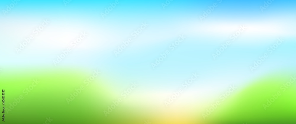 Fototapeta premium Abstract summer landscape vector background with blue sky, white clouds and green field. Gradient blurred illustration for banner, cards, interior, flyers, poster, cover, ads. Sunny day. Bokeh.