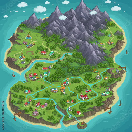 Cartoonish map of an island with numerous villages, mountains, and waterways.
