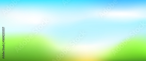 Abstract summer landscape vector background with blue sky, white clouds and green field. Gradient blurred illustration for banner, cards, interior, flyers, poster, cover, ads. Sunny day. Bokeh.
