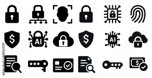 Security and privacy icons set – solid, filled, cybersecurity and protection symbols