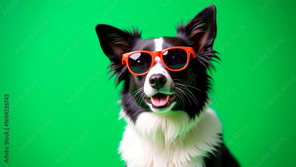 Fototapeta premium border collie dog on a green background in red glasses