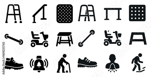 Mobility aid solid icons set – accessibility, healthcare, elder care symbols
