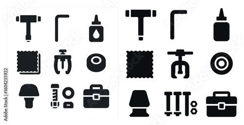 Industrial tools solid icons set – filled, toolkit, workshop equipment symbols