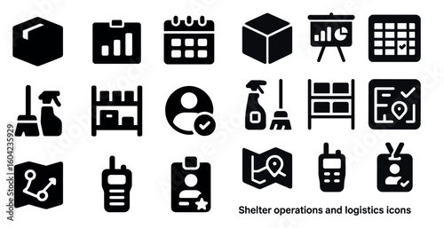 Shelter operations solid icons set – logistics, management, and planning symbols