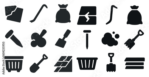 Construction and repair solid icons set – tools, maintenance, equipment symbols