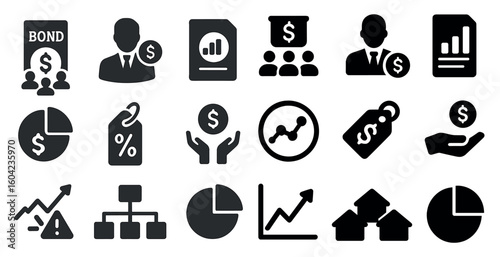 Finance and business icons set – solid, filled, money and investment symbols
