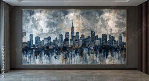 Large cityscape painting featuring skyscrapers and a cloudy sky in a modern interior setting