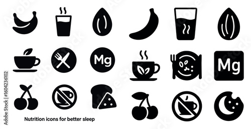 Nutrition and wellness solid icons set – filled, healthy eating and sleep symbols