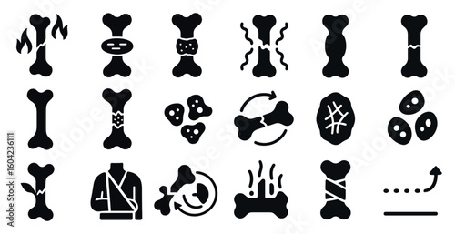 Bone health solid icons set – fracture, orthopedic, medical treatment symbols
